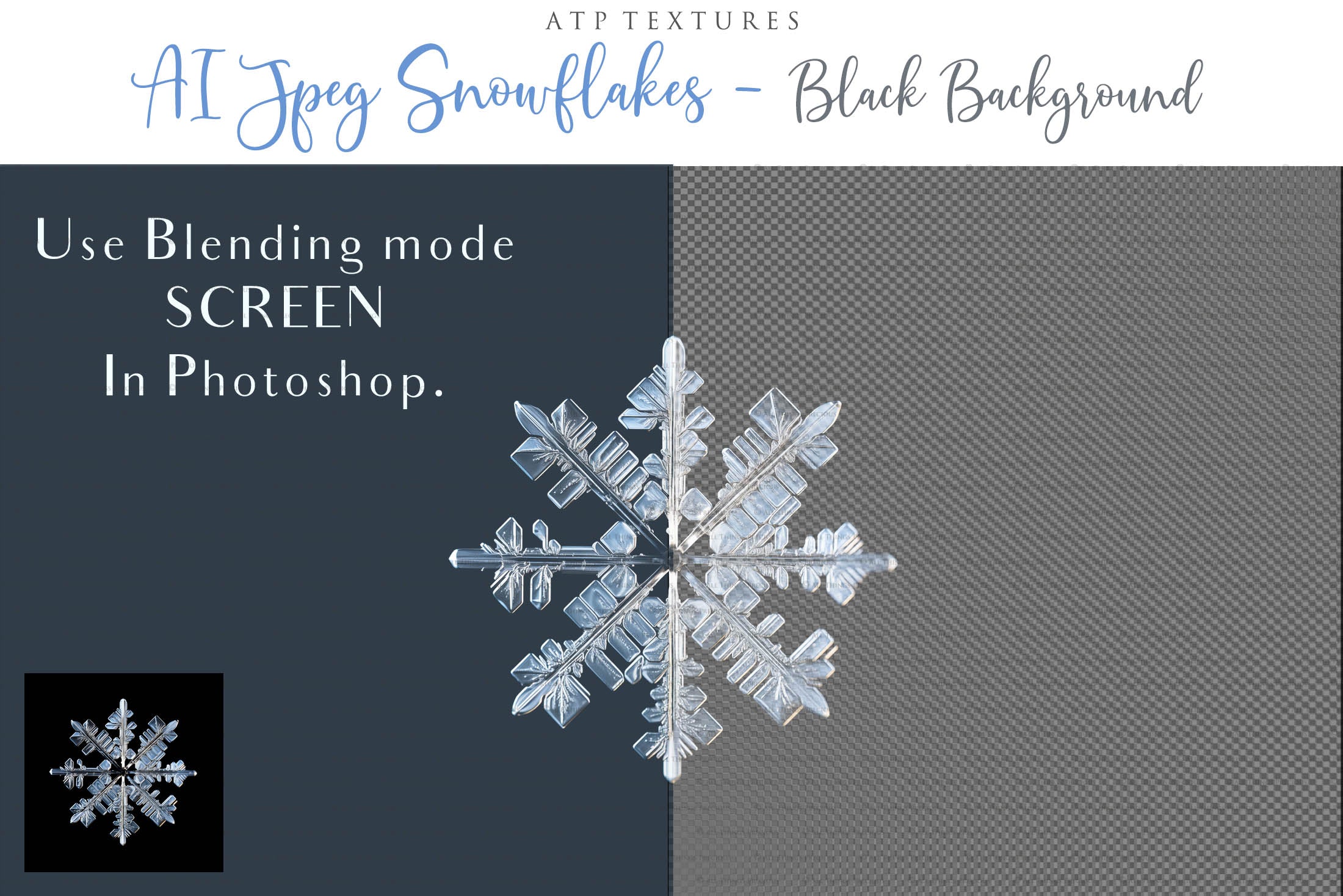Real Snowflake Overlays & Brushes! A gorgeous addition to your beautiful photography, scrapbooking or digital art work! This set includes 60 Png Overlays 60 Jpeg Overlays 80 Photoshop brushes Instructions are included. All PNG overlays are 300dpi in high resolution.